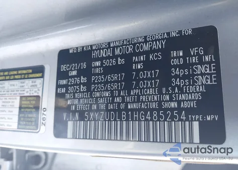 2017 Hyundai Santa Fe Sport 2.4L from USA, damaged, VIN 5XYZUDLB1HG485254